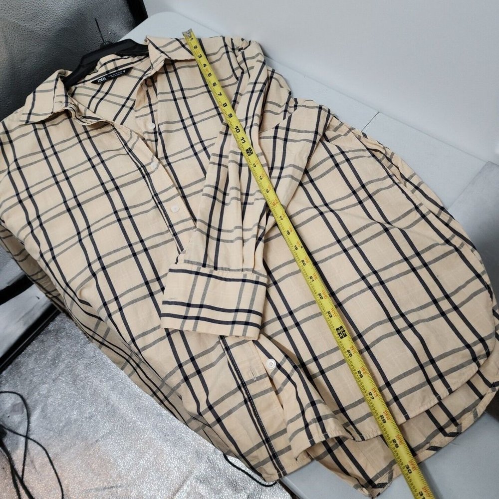 Zara Plaid Size Medium Tie Back Shirt Top Blouse Button Front Tan Gray womens - Picture 11 of 12